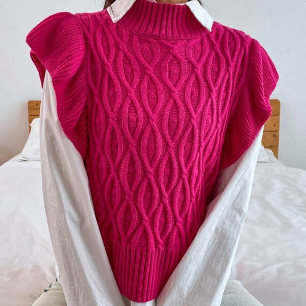 CHIC DOLLZ Cable Knit Ruffle Trim Sweater Vest PI - Picture 4 of 6